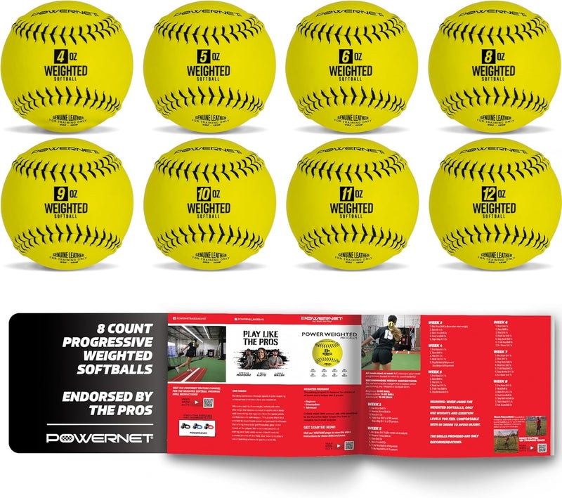 PowerNet Weighted Softballs, Official 12 Inch Size, Progressive Weighted Balls for Softball Training, Improve Throwing Mechanics, 8 Different Weights Included, 4 to 12 oz - Image 1
